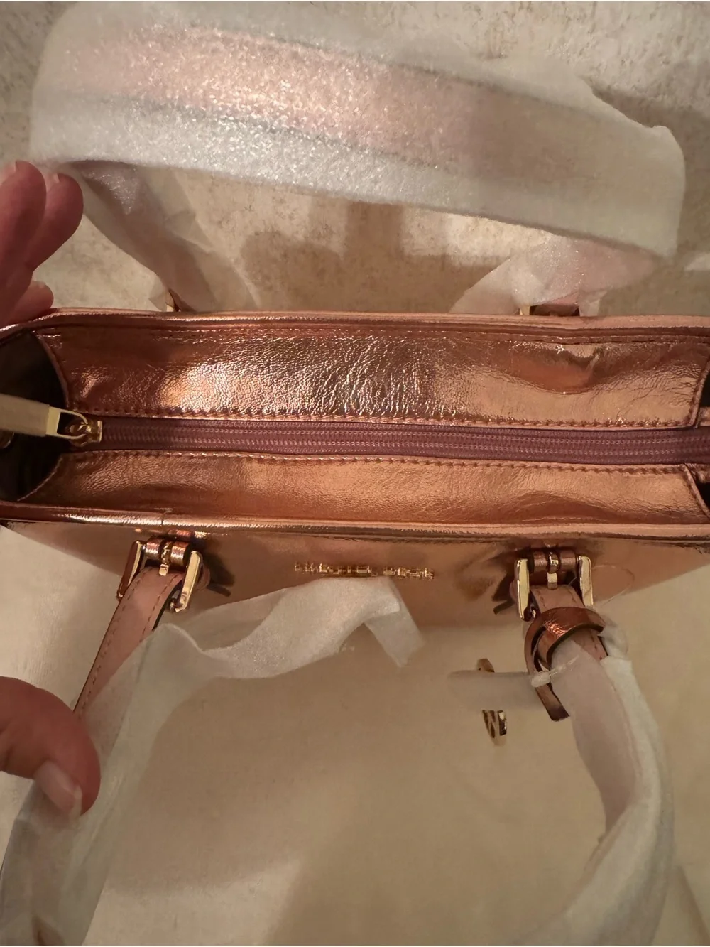 Michael Kors Metallic PrimRose Gold Leather Satchel with MK Charm